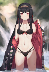  absurdres bikini black_bikini black_hair black_kimono blush breasts collarbone female floral_print front-tie_bikini_top front-tie_top hair_ornament hair_ribbon hairband highleg highleg_bikini highres jacket japanese_clothes jiliang_jiying_yumao kimono long_hair looking_at_viewer medium_breasts multi-strapped_bikini multicolored_clothes multicolored_kimono navel nijisanji off_shoulder open_clothes red_kimono red_ribbon ribbon sidelocks skindentation solo stomach swimsuit tokimori_seisa undressing very_long_hair virtual_youtuber virtuareal wading water wet 