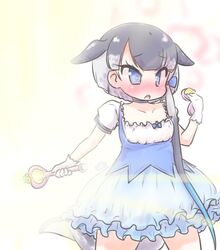  @_@ alternate_costume blowhole blue_bow blue_choker blue_dress blue_eyes blush bow cetacean_tail choker collared_shirt commentary_request cowboy_shot dress dress_bow female fish_tail frilled_dress frills gloves grey_hair hairbow kemono_friends magical_girl multicolored_hair narwhal_(kemono_friends) puffy_short_sleeves puffy_sleeves shirt short_hair_with_long_locks short_sleeves solo tail uho_(uhoyoshi-o) wand white_gloves white_hair 