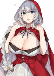  absurdres alternate_breast_size bad_id bad_pixiv_id black_ribbon blue_eyes bow braid braided_ponytail breasts buttons cleavage cloak dress fate/grand_order fate_(series) female grey_bow grey_hair hairbow hands_up highres hitomin_(ksws7544) hood hood_up hooded_cloak index_finger_raised large_breasts long_hair looking_at_viewer marie_antoinette_(fate) marie_antoinette_(festival_outfit)_(fate) neck_ribbon official_alternate_costume open_mouth parted_lips red_cloak red_hood ribbon short_sleeves simple_background single_braid very_long_hair white_background white_bow white_dress white_hair 