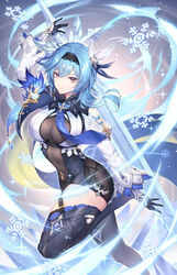  arm_up asymmetrical_hair black_hairband blue_hair blue_necktie breasts closed_mouth covered_navel crystal_sword eula_(genshin_impact) female floating floating_hair floating_object floating_sword floating_weapon genshin_impact gloves hair_ornament hairband highres ice large_breasts leotard md5_mismatch medium_hair nasaniliu necktie open_hands snowflakes solo sword thighhighs thighs vision_(genshin_impact) weapon wind yellow_eyes 