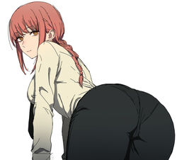  ass ass_focus back bad_id bad_twitter_id bent_over black_necktie black_pants braid braided_ponytail breasts chainsaw_man eatora female formal from_behind huge_ass inactive_account long_hair looking_at_viewer looking_back makima_(chainsaw_man) medium_breasts necktie pants pantylines red_hair ringed_eyes shirt solo thighs white_shirt yellow_eyes 