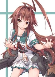  ahoge belt belt_buckle brown_eyes brown_hair buckle cowboy_shot female highres huge_ahoge kantai_collection kuma_(kancolle) kuma_kai_ni_(kancolle) long_hair machinery minosu open_mouth pleated_skirt rigging school_uniform serafuku short_sleeves skirt solo turret white_belt white_skirt 