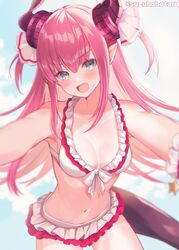  :d bare_shoulders bikini bikini_skirt blue_eyes blush bow breasts collarbone cowboy_shot curled_horns dragon_girl dragon_horns dragon_tail elizabeth_bathory_(beach_bloody_demoness)_(fate) elizabeth_bathory_(fate) elizabeth_bathory_(fate/extra_ccc) fate/extella fate/extella_link fate/extra fate_(series) female frilled_bikini frills front-tie_bikini_top front-tie_top hair_between_eyes hair_ribbon horns leaning_forward long_hair looking_at_viewer navel oerba_yun_fang official_alternate_costume open_mouth outstretched_arms pink_hair pointy_ears ribbon sidelocks small_breasts smile solo suzuho_hotaru swimsuit tail twitter_username two_side_up white_bikini white_bow 