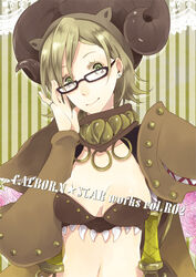  adjusting_eyewear arm_guards armor body_blush bra breasts brown_bra closed_mouth commentary_request cover cover_page doujin_cover ear_piercing fake_horns female genetic_(ragnarok_online) glasses goat_horns green_eyes green_hair horned_headwear horns jewelry living_clothes looking_at_viewer medium_breasts navel pauldrons piercing ragnarok_online rectangular_eyewear ring short_hair shoulder_armor smile solo strapless strapless_bra striped striped_background teeth underwear upper_body yutsuki 