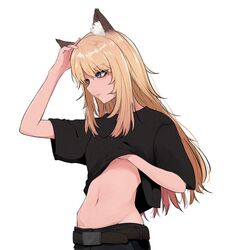  animal_ear_fluff animal_ears belt black_shirt blonde_hair blue_eyes clothes_lift female fox_ears hand_on_own_head kmnz long_hair mc_lita navel scratching shirt shirt_lift simple_background solo stomach t-shirt umanium virtual_youtuber white_background 