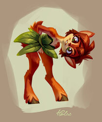  activision anthro bent_over brown_background elora faun_(spyro) female grass_skirt hi_res holivi hooves leaf_clothing leaf_dress leaning looking_at_viewer simple_background solo spyro_reignited_trilogy spyro_the_dragon standing 