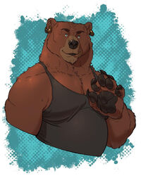  2023 anthro bear bjorn_twopaw brown_body brown_fur bruteandbrawn clothing digital_drawing_(artwork) digital_media_(artwork) ear_piercing ear_ring fur gesture male mammal piercing portrait ring_piercing shirt simple_background solo tank_top topwear waving waving_at_viewer 