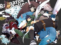  animal_collar anubis_(mythology) anubis_(ragnarok_online) armored_boots atroce axe bandages black_hair blood blood_on_weapon bone boots bow_(weapon) camouflage camouflage_headwear canine cleaver closed_mouth collar commentary_request crop_top desert_wolf_(ragnarok_online) earrings egyptian egyptian_mythology full_body green_pants green_shirt hammer hatii_(ragnarok_online) hellhound_(ragnarok_online) holding holding_axe holding_bow_(weapon) holding_hammer holding_shield holding_sword holding_weapon hood ice jewelry kobold_(ragnarok_online) looking_at_viewer mace matyr_(ragnarok_online) open_mouth pacifier pants pink_eyes ragnarok_online ranger_(ragnarok_online) scar scar_across_eye scar_on_face shield shirt short_hair signature sitting sleeveless sleeveless_shirt spiked_collar spikes sword toned toned_male tongue tongue_out trait_connection verit_(ragnarok_online) war_hammer weapon wolf yutsuki 