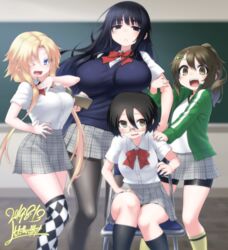  4girls argyle_clothes argyle_legwear bike_shorts black_eyes black_hair black_legwear blazer blonde_hair breasts brown_eyes brown_hair cardigan checkered_clothes checkered_legwear glasses highres himekawa_hinari hizato_akari inuyama_kuroe jacket kagami_ryouko kanayama_nao large_breasts multiple_girls one_eye_closed open_clothes open_jacket original pantyhose ponytail sasashigure_miyo school_uniform shirt_tucked_in shorts shorts_under_skirt star-shaped_eyewear star_(symbol) tented_shirt track_jacket twintails unzipped yamada_yoshino yellow_legwear yoshida_hideyuki 