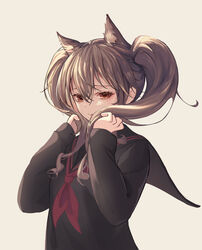  absurdres angelina_(arknights) animal_ear_fluff animal_ears arknights beancake black_sailor_collar black_serafuku black_shirt brown_hair bunching_hair closed_mouth commentary extra_ears female fox_ears grey_background highres long_hair long_sleeves looking_at_viewer neckerchief red_eyes red_neckerchief sailor_collar school_uniform serafuku shirt simple_background twintails upper_body 