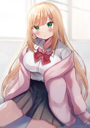  absurdres bad_id bad_pixiv_id black_skirt blonde_hair blush bow breasts closed_mouth collared_shirt commentary_request dress_shirt female green_eyes highres jacket long_sleeves looking_at_viewer medium_breasts minami_saki off_shoulder open_clothes open_jacket original pink_jacket pleated_skirt red_bow school_uniform shirt sitting skirt sleeves_past_wrists solo twitter_username v-shaped_eyebrows wariza white_shirt window 