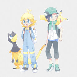  2boys ahoge akasaka_(qv92612) backpack bag baseball_cap black_footwear black_hair black_pants blonde_hair blue_jumpsuit capri_pants clemont_(pokemon) commentary_request glasses green_footwear green_headwear grey_eyes hat heliolisk high_collar highres jumpsuit long_sleeves male_focus medium_hair multiple_boys pants pikachu pokemon pokemon_(creature) pokemon_masters_ex pokemon_xy round_eyewear scottie_(pokemon) shirt shoes short_hair short_sleeves sleeveless sleeveless_jacket t-shirt white_bag zipper_pull_tab 