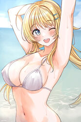  ;d ahoge armpits arms_up bikini blonde_hair blue_eyes blue_sky blush breasts cleavage collarbone commentary_request day eluthel female hachimiya_meguru hair_ornament hairclip highres horizon idolmaster idolmaster_shiny_colors large_breasts long_hair looking_at_viewer navel ocean one_eye_closed outdoors round_teeth signature sky smile solo stomach stretching swimsuit teeth twintails upper_body upper_teeth_only water wet white_bikini 