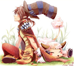  1boy :3 amistr_(ragnarok_online) armor blush breastplate brown_cape brown_hair brown_headwear brown_pants cape closed_mouth commentary_request creator_(ragnarok_online) full_body fur-trimmed_pants fur_trim gloves grass hat hat_belt kiri_nada looking_to_the_side medium_hair pants pointy_ears ponytail pouch ragnarok_online red_eyes sheep shoes short_ponytail signature sitting smile teeth top_hat white_background white_gloves 