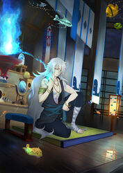  1boy armlet bangle blue_eyes bracelet clownfish fish hair_between_eyes hand_on_own_hip highres hitodama indoors jewelry kainarbell lantern leg_wrap long_hair male_focus mirror nagi_no_asukara necklace paper_lantern reflection sea_slug shrine solo toes toned toned_male uroko_(nagi_no_asukara) white_hair wooden_floor 