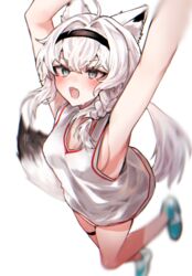  ahoge animal_ear_fluff animal_ears aqua_eyes armpits arms_up basketball_uniform black_hairband blue_footwear blurry blush braid breasts danbal depth_of_field female foreshortening fox_ears fox_girl fox_tail hairband highres hololive korean_commentary long_hair low_ponytail no_pants oerba_yun_fang open_mouth shirakami_fubuki side_braid sideboob skin_fang sleeveless small_breasts solo sportswear tail thigh_strap v-shaped_eyebrows virtual_youtuber white_hair 