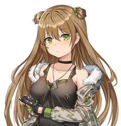  aer7o bad_id bad_pixiv_id bare_shoulders black_choker black_gloves black_shirt blush bow breasts brown_hair camouflage camouflage_coat chinese_commentary choker closed_mouth coat collarbone commentary double_bun female fur-trimmed_coat fur_trim girls&#039;_frontline gloves green_bow green_eyes hair_bun hairbow highres holding jewelry long_hair long_sleeves looking_at_viewer medium_breasts necklace off_shoulder open_clothes open_coat rfb_(girls&#039;_frontline) shirt single_glove solo underwear very_long_hair 