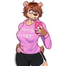  1:1 anthro bear bottomwear cellphone clothing daal_puma dolphin_shorts electronics female hi_res hoodie hotpants katya_(pistolpete) looking_at_object looking_at_phone mammal phone selfie shorts smartphone solo topwear 