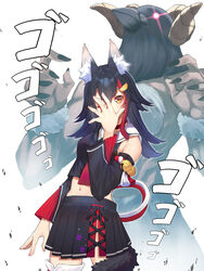  1other animal_ear_fluff animal_ears bare_shoulders bird black_choker black_hair black_skirt breasts choker commentary detached_sleeves female flipped_hair hair_ornament hairclip hatotaurus_(ookami_mio) hololive jojo_no_kimyou_na_bouken jojo_pose long_hair long_sleeves looking_at_viewer medium_breasts menacing_(jojo) mikan_(chipstar182) multicolored_hair navel ookami_mio ookami_mio_(1st_costume) open_mouth pleated_skirt pose red_hair simple_background skirt stand_(jojo) streaked_hair tail very_long_hair virtual_youtuber white_background wolf_ears wolf_girl wolf_tail yellow_eyes 