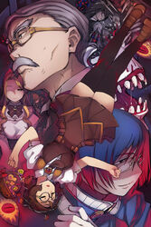  4boys 5girls ahoge alicel aliot_(ragnarok_online) basket black_hair black_legwear blonde_hair blue_hair blue_jacket bow brooch brown_bow brown_dress brown_footwear brown_hair claws clone closed_eyes closed_mouth commentary_request cookie dress ellisia_(ragnarok_online) elly_(ragnarok_online) eyes_visible_through_hair facial_hair food glasses gloves glowing glowing_eyes green_eyes grey_eyes highres jacket jewelry juliet_sleeves kiel-d-01 kiel_hyre long_hair long_sleeves looking_to_the_side maid medium_hair mil_(xration) moustache multiple_boys multiple_girls old old_man open_mouth parted_bangs ponytail puffy_sleeves ragnarok_online rectangular_eyewear red_eyes round_eyewear saliva shaded_face shirt shoes short_hair short_sleeves smile teeth thighhighs upside-down white_gloves white_hair white_shirt 