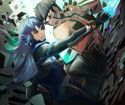  2boys androgynous armor black_hair bodysuit crossover demi-fiend eyelashes fighting full-body_tattoo highres in-franchise_crossover long_hair male_focus mochigana multiple_boys open_mouth protagonist_(smtv) purple_hair shin_megami_tensei shin_megami_tensei_iii:_nocturne shin_megami_tensei_v short_hair shorts sword tattoo topless_male very_long_hair weapon yellow_eyes 