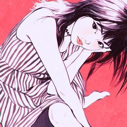  barefoot blunt_bangs choker dress female head_rest head_tilt ilya_kuvshinov knee_up lips long_hair looking_at_viewer mole mole_above_mouth monochrome original pink_background sitting sleeveless solo striped_clothes striped_dress vertical-striped_clothes vertical-striped_dress 