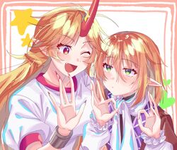  2girls ;d \||/ arm_up arm_warmers brown_jacket chains commentary_request cuffs eyelashes fangs fingernails green_eyes hair_between_eyes hayashida_chiyo highres horns hoshiguma_yuugi jacket long_fingernails long_hair looking_at_another medium_hair mizuhashi_parsee multiple_girls ok_sign one_eye_closed oni oni_horns open_mouth pointy_ears puffy_short_sleeves puffy_sleeves red_eyes red_nails scarf shackles short_sleeves sidelocks single_horn smile touhou white_scarf 