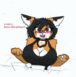  against_surface anthro big_breasts black_hair blush breasts canid canine choker cleavage clothed clothing english_text fan_character female fox hair jewelry mammal maxine_boulevard necklace on_glass pace-maker solo text tomboy 