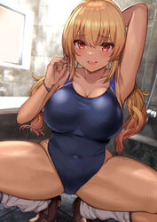  black_one-piece_swimsuit breasts brown_eyes covered_navel dark-skinned_female dark_skin female gyaru highres kihou_no_gotoku_dmc kogal large_breasts light_brown_hair loafers long_hair loose_socks one-piece_swimsuit open_mouth original round_teeth shoes socks solo squatting swimsuit teeth two-tone_swimsuit upper_teeth_only white_socks 