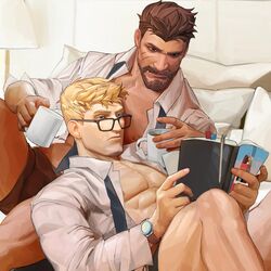  2boys absurdres bara bare_pectorals beard black_male_underwear blonde_hair book boxer_briefs closed_eyes collared_shirt cup facial_hair glasses highres holding holding_book holding_cup indoors large_pectorals male_focus male_underwear multiple_boys muscular muscular_male necktie nez open_book open_clothes open_shirt overwatch overwatch_1 pectorals reading reaper_(overwatch) scar scar_on_cheek scar_on_face shirt short_hair soldier:_76_(overwatch) underwear undone_necktie watch white_shirt wristwatch 