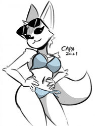  2021 3:4 5_fingers aggretsuko anthro big_ears bikini black_eyes blue_bikini blue_bikini_bottom blue_bikini_top blue_clothing blue_swimwear canid canine capaoculta clothing digital_media_(artwork) eyewear eyewear_on_head female fennec_fox fenneko fingers fox fur hands_on_hips hi_res looking_at_viewer mammal navel sanrio shaded simple_background smile solo standing sunglasses sunglasses_on_head swimwear true_fox white_background white_body white_fur 