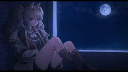  against_wall angelina_(arknights) animal_ear_fluff animal_ears arknights black_footwear black_shirt black_shorts black_socks breasts closed_mouth coat collar female fox_ears full_moon hair_between_eyes highres indoors infection_monitor_(arknights) jacket kneehighs knees_up long_hair long_sleeves looking_at_viewer moon night night_sky on_floor open_clothes open_coat open_jacket red_eyes red_jacket shirt shoes shorts sky smile sneakers socks solo thighs twintails white_coat window yogu_(user_rxdx2445) 