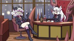  2girls :d batman_(series) black_footwear black_horns black_necktie black_skirt boots bottle breasts chair closed_eyes collared_shirt couch dc_comics demon_horns demon_tail glass glasses helltaker high_heel_boots high_heels horns indoors joker_(2019) kneehighs kyo-hei_(kyouhei) large_breasts long_hair lucifer_(helltaker) miniskirt multiple_girls necktie pandemonica_(helltaker) parody ponytail red_shirt round_eyewear scene_reference shirt sitting skirt smile socks tail teeth upper_teeth_only white_hair window wine_bottle 