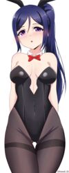  absurdres animal_ears arms_behind_back bare_shoulders black_leotard blue_hair blush bow bowtie breasts brown_pantyhose cleavage commentary covered_navel cowboy_shot detached_collar english_commentary fake_animal_ears female highleg highleg_leotard highres leotard long_hair looking_at_viewer love_live! love_live!_sunshine!! matsuura_kanan medium_breasts open_mouth paid_reward_available pantyhose playboy_bunny ponytail purple_eyes rabbit_ears roswell_ss simple_background solo strapless strapless_leotard white_background 