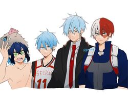  4boys :d basketball_uniform black_robe blue_hair blue_shirt boku_no_hero_academia burn_scar closed_mouth collarbone collared_shirt cropped_torso crossover genjitsu_o_miro green_eyes grey_hair grey_shirt hair_between_eyes hashibira_inosuke jewelry kimetsu_no_yaiba kuroko_no_basuke kuroko_tetsuya lance_crown looking_at_viewer male_focus mashle mask mask_on_head multiple_boys necklace necktie open_clothes open_robe pig_mask planet_earrings red_hair red_necktie robe scar scar_on_face shirt simple_background smile sportswear teeth todoroki_shouto upper_body 