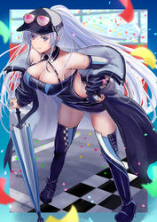  absurdres azur_lane bare_shoulders baseball_cap boots breasts cleavage closed_umbrella commentary confetti criss-cross_halter detached_collar detached_sleeves english_text enterprise_(azur_lane) enterprise_(wind_catcher)_(azur_lane) eyewear_on_headwear female full_body grin halterneck hat high_heel_boots high_heels highres jacket large_breasts leaning_forward light_purple_hair long_hair looking_at_viewer miniskirt off_shoulder official_alternate_costume origami_yakko parasol ponytail purple_eyes race_queen sidelocks skirt smile solo standing sunglasses teeth thigh_boots thighhighs umbrella very_long_hair 