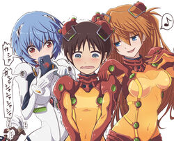  2girls 3boys ayanami_rei black_hair blue_eyes blush bodysuit breasts brown_hair commentary_request cosplay crossdressing embarrassed evangelion:_2.0_you_can_(not)_advance fujitaka_nasu fuyutsuki_kouzou hair_between_eyes hair_ornament ikari_gendou ikari_shinji lab_coat long_hair looking_at_viewer medium_breasts multiple_boys multiple_girls neon_genesis_evangelion orange_bodysuit orange_hair pilot_suit plugsuit rebuild_of_evangelion red_bodysuit red_eyes science_fiction short_hair simple_background smile souryuu_asuka_langley souryuu_asuka_langley_(cosplay) taking_picture tearing_up test_plugsuit trembling turtleneck two_side_up white_background white_bodysuit wig 