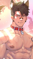  1boy abs animal_collar animal_ears bandaid bandaid_on_face bandaid_on_nose bara black_hair collar earrings firenzesaika fox_boy fox_ears highres indie_virtual_youtuber inukai_seiji jewelry large_pectorals male_focus muscular muscular_male nipples pectorals short_hair smile solo upper_body virtual_youtuber 