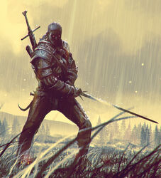  1boy absurdres armor brown_gloves brown_pants brown_sky cloud cloudy_sky commentary day english_commentary full_body geralt_of_rivia gloves glowing glowing_eyes grass highres holding holding_sword holding_weapon kalmahul long_hair long_sleeves long_sword looking_at_viewer male_focus medallion medieval outdoors pants ponytail rain shaded_face sheath sheathed shoulder_armor shoulder_plates sky standing sword sword_on_back the_witcher_(series) the_witcher_3 tree unsheathed weapon weapon_on_back witcher_medallion 