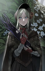  1other ascot bloodborne blue_eyes bonnet brown_dress cloak closed_mouth commentary doll_joints dress female highres holding_person hunter_(bloodborne) hunter_(great_one)_(bloodborne) joints looking_at_viewer m0biuzz outdoors pink_lips plain_doll red_ascot spoilers squid standing tears white_hair 