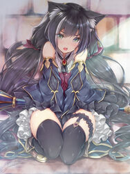  animal_ear_fluff animal_ears black_hair black_thighhighs blush bridal_garter cat_ears cat_girl commentary detached_sleeves female green_eyes hair_ribbon highres karyl_(princess_connect!) long_hair looking_at_viewer low_twintails luna_lia multicolored_hair open_mouth princess_connect! red_ribbon ribbon signature solo staff streaked_hair thighhighs twintails very_long_hair white_hair 