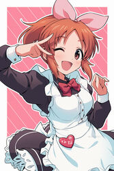  ;d abe_nana alternate_costume apron asada_hachi bangs banned_artist black_dress blush border bow bowtie breasts brown_eyes buttons commentary diagonal_stripes dress enmaided eyebrows_visible_through_hair female frilled_apron frills hairbow hands_up happy heart highres idolmaster idolmaster_cinderella_girls long_sleeves looking_at_viewer maid one_eye_closed open_mouth orange_hair outline outside_border pink_bow ponytail puffy_long_sleeves puffy_sleeves red_bow red_bowtie short_hair smile solo standing striped striped_background twitter_username v v_over_eye watermark white_apron white_border white_outline 