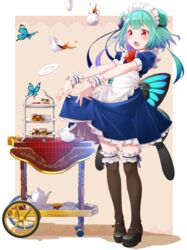  :o absurdres alternate_costume apron bare_arms black_footwear black_thighhighs blue_dress blue_hair blush bow bowtie bug butterfly butterfly_wings colored_inner_hair commentary_request cup double_bun dress enmaided falling female fenrir_(fenlil0316) food frilled_apron frilled_cuffs frilled_thighhighs frills gradient_hair green_hair hair_bun highres hololive insect_wings layered_dress looking_away low_wings maid maid_apron maid_headdress mary_janes multicolored_hair open_mouth pastry petticoat puffy_short_sleeves puffy_sleeves purple_hair raised_eyebrows ramekin red_bow red_bowtie red_eyes saucer serving_cart shoes short_dress short_hair short_hair_with_long_locks short_sleeves sidelocks skirt_hold sleeve_cuffs solo spilling tea teacup teapot thighhighs tiered_tray two-tone_hair uruha_rushia virtual_youtuber white_apron wings wrist_cuffs 