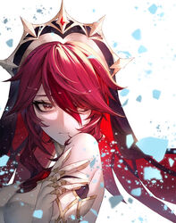  bare_shoulders commentary detached_sleeves female genshin_impact gloves habit hair_over_one_eye hand_up kokollet looking_at_viewer medium_hair nun portrait red_eyes red_hair rosaria_(genshin_impact) sidelocks solo swept_bangs white_background white_gloves 