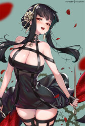  black_dress black_gloves black_hair black_thighhighs blush breasts cleavage closed_mouth commentary covered_navel cowboy_shot dagger dress dual_wielding earrings female fingerless_gloves floating_hair gloves gold_earrings gold_hairband hair_ornament hairband holding holding_dagger holding_knife holding_weapon hong_(white_spider) jewelry knife large_breasts long_hair multi-strapped_dress open_mouth patreon_username petals red_eyes sidelocks signature sleeveless sleeveless_dress solo spy_x_family thighhighs thighs thorns two-sided_dress two-sided_fabric weapon yor_briar 