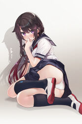  absurdres arm_support ass black_sailor_collar black_skirt black_socks blush breasts brown_hair covered_mouth covering_own_mouth female full_body gradient_background gradient_hair hair_between_eyes hair_flaps highres leaning_back long_hair looking_at_viewer medium_breasts multicolored_hair original panties pleated_skirt purple_eyes red_hair sailor_collar school_uniform serafuku setsuna_(miraichizu) shadow shirt short_sleeves sidelocks sitting skirt socks solo thighs two-tone_footwear two-tone_hair underwear white_footwear white_panties white_shirt zero_(miraichizu) 