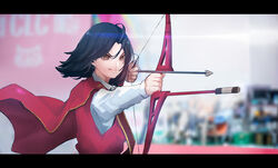  absurdres aiming animification black_hair blurry blurry_background bow_(weapon) cape chaeyoung_(twice) collared_shirt commentary cowlick eyeshadow female floating_cape floating_hair highres holding holding_bow_(weapon) holding_weapon k-pop letterboxed licking_lips makeup medium_hair mole mole_under_mouth real_life red_cape red_eyeshadow red_vest shirt smile solo tongue tongue_out twice_(group) vest vuxer weapon white_shirt 