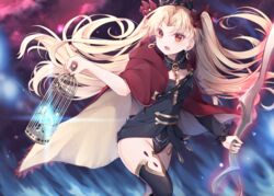  asymmetrical_sleeves between_breasts black_thighhighs blonde_hair blush bow breasts cage cloak commentary_request earrings ereshkigal_(fate) fate/grand_order fate_(series) female floating_hair glowing glowing_weapon hair_ribbon hairbow highres holding holding_cage holding_weapon hood hood_down hooded_cloak jewelry left-handed long_hair long_sleeves looking_to_the_side medium_breasts meslamtaea_(weapon) necklace open_mouth parted_bangs red_cloak red_eyes ribbon single_sleeve single_thighhigh skull solo spine strap thighhighs tiara two-sided_cloak two-sided_fabric two_side_up uneven_sleeves very_long_hair weapon yellow_cloak yua_(bokubo0806) 