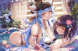  2girls animal_ears bath bathtub bikini flowers granblue_fantasy long_hair miazi shatola_(granblue_fantasy) swimsuit tail vikala_(granblue_fantasy) waifu2x water 