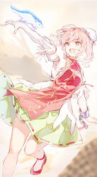  animal bandaged_arm bandages bun_cover chains chinese_clothes collar double_bun female flower green_skirt hair_bun highres ibaraki_kasen layered_clothes pink_eyes pink_flower pink_hair raijuu red_footwear short_hair short_sleeves skirt solo tamiku_(shisyamo609) tied_sleeves touhou 